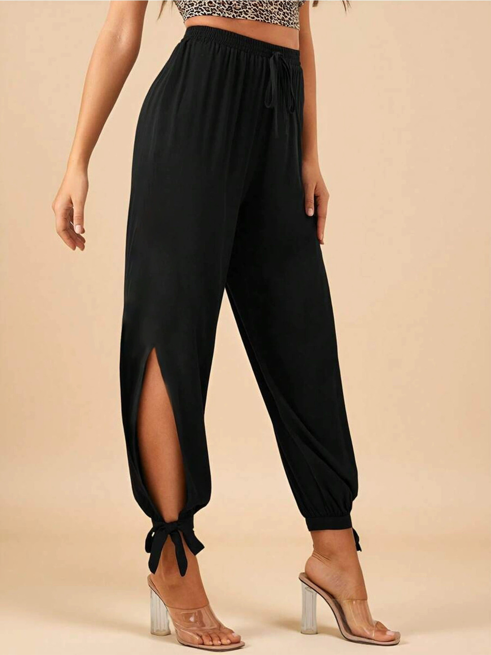 ZARA Retro Work Black High Waist Drawstring Slit Tie Tapered Pants Women